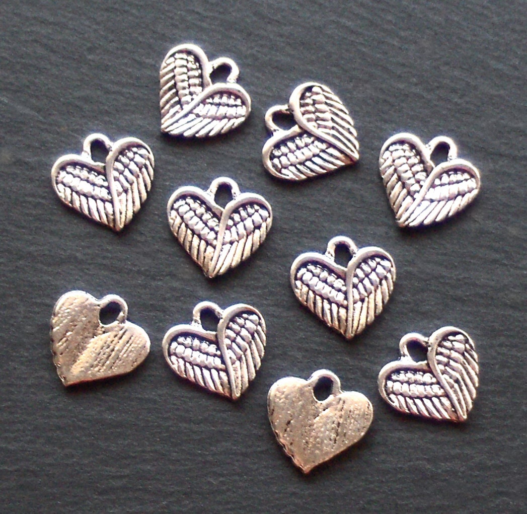 Angel Wing Heart Charms x 10, tibetan silver style