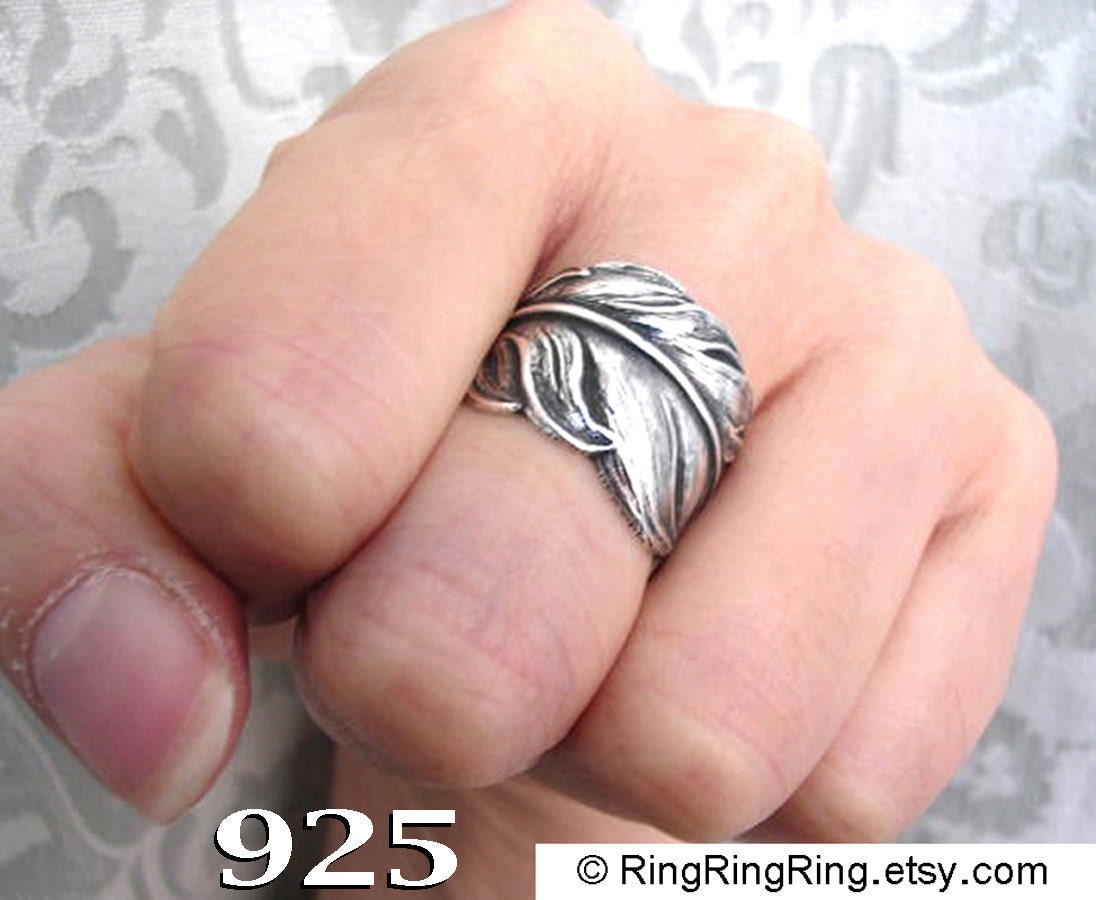 925. Angel Feather ring - Antiqued Solid Sterling Silver ring jewelry for men and women 011413