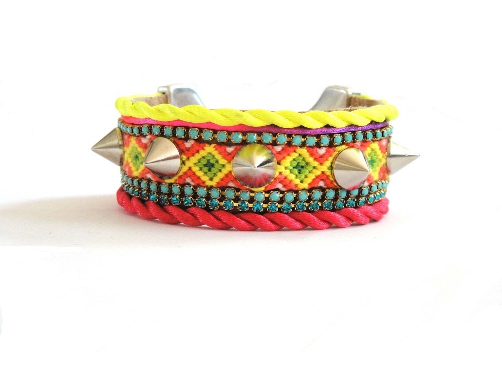 SS2013 Friendship bracelet cuff Spikes series - Neon yellow and hot pink bracelet - friendship bracelet cuff - neon jewelry