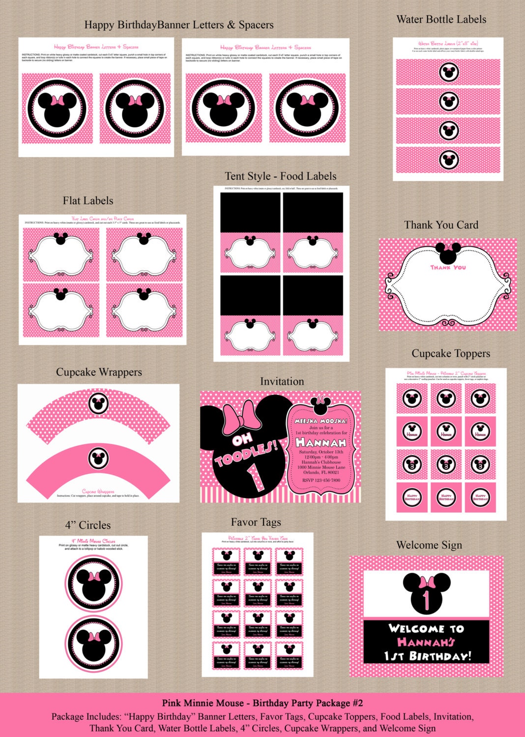 Minnie Mouse Birthday Party Package 2 - Birthday Invitation, Cupcake Toppers, Favor Tags, and more