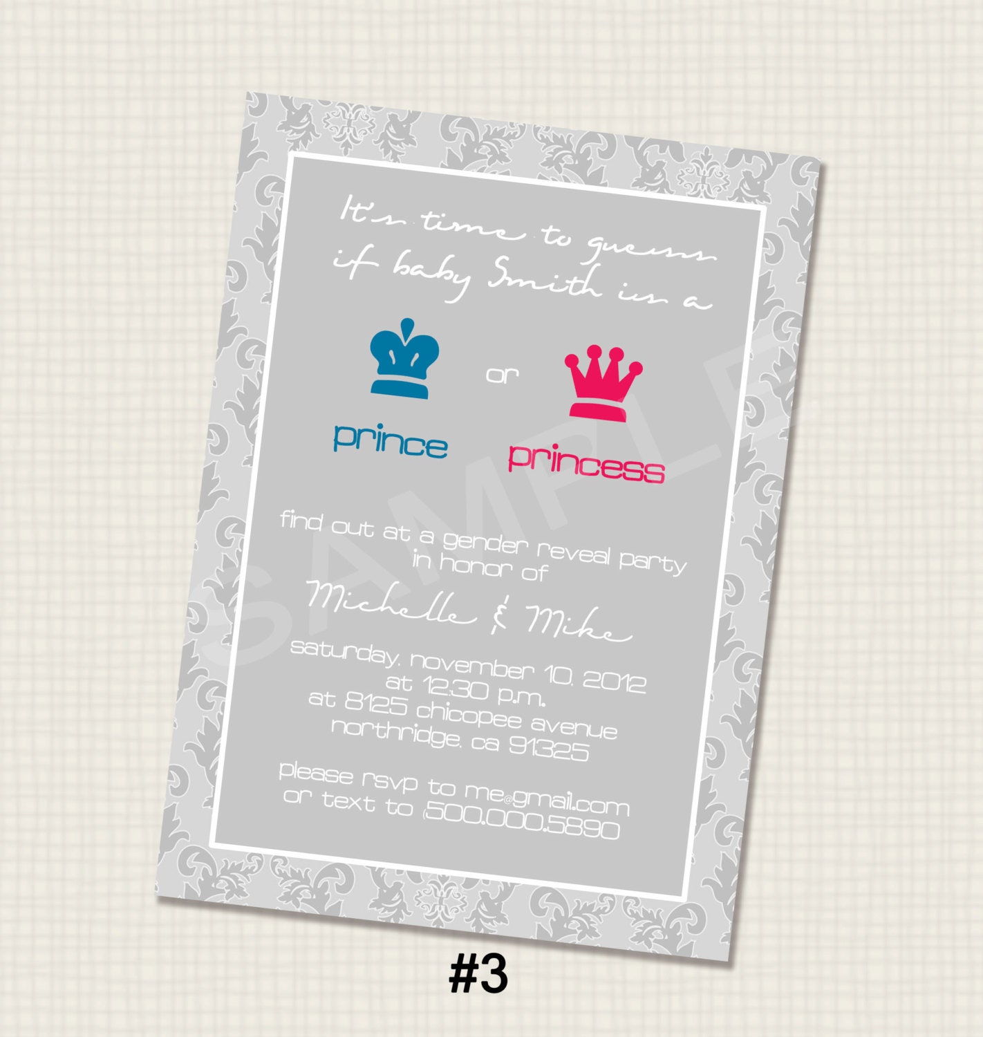 Prince or Princess Gender Reveal Party Invite-cream, beige, grey