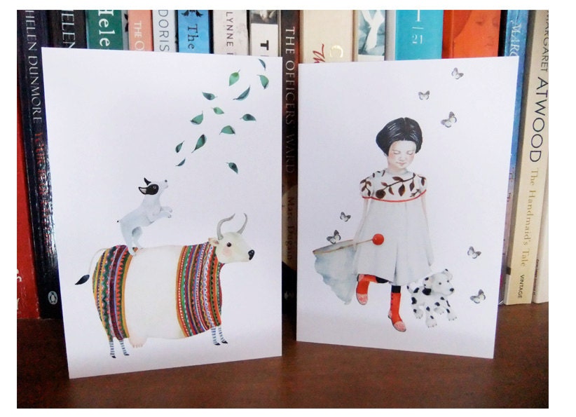 Greeting cards 4x6 Dog barking at leaves and Mimi and Topsy Dog