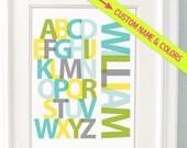 Modern Alphabet Print 8 x 10 Custom Colors and Personalized Text, yellow, gray, turquoise blue, lime
