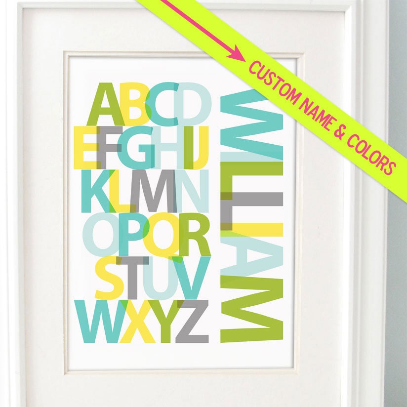 Modern Alphabet Print 8 x 10 Custom Colors and Personalized Text, yellow, gray, turquoise blue, lime