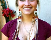 Feather Earrings Cream and Ginger Fire Agate Long Feather Earrings - Fire Goddess