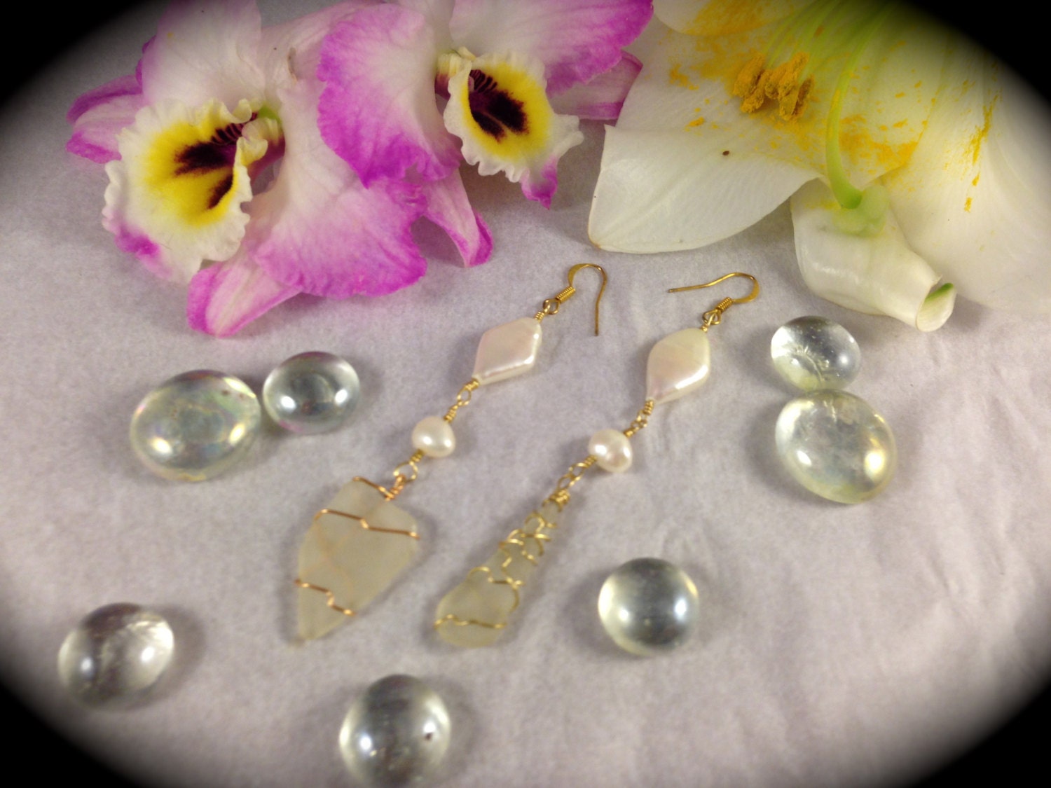 Iridescent White Diamond Pearl Earrings W/ Gold Wire Wrapped Sea Glass FREE SHIPPING
