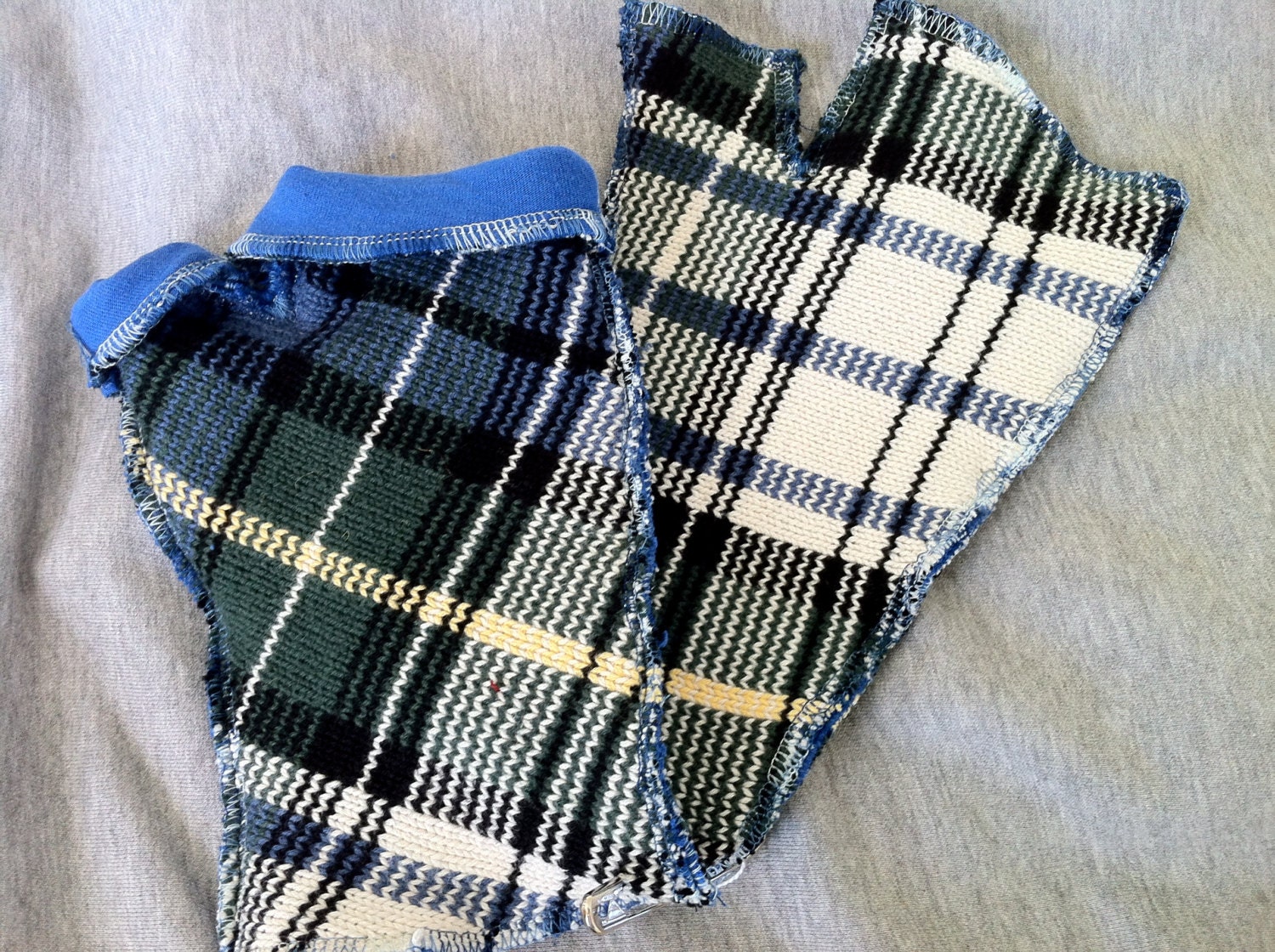 SALE Recycled Cotton Sweater Fingerless Gloves in Blue Plaid