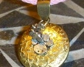 Raw brass embossed thistle memory locket with lead free pewter paw & tiny dog