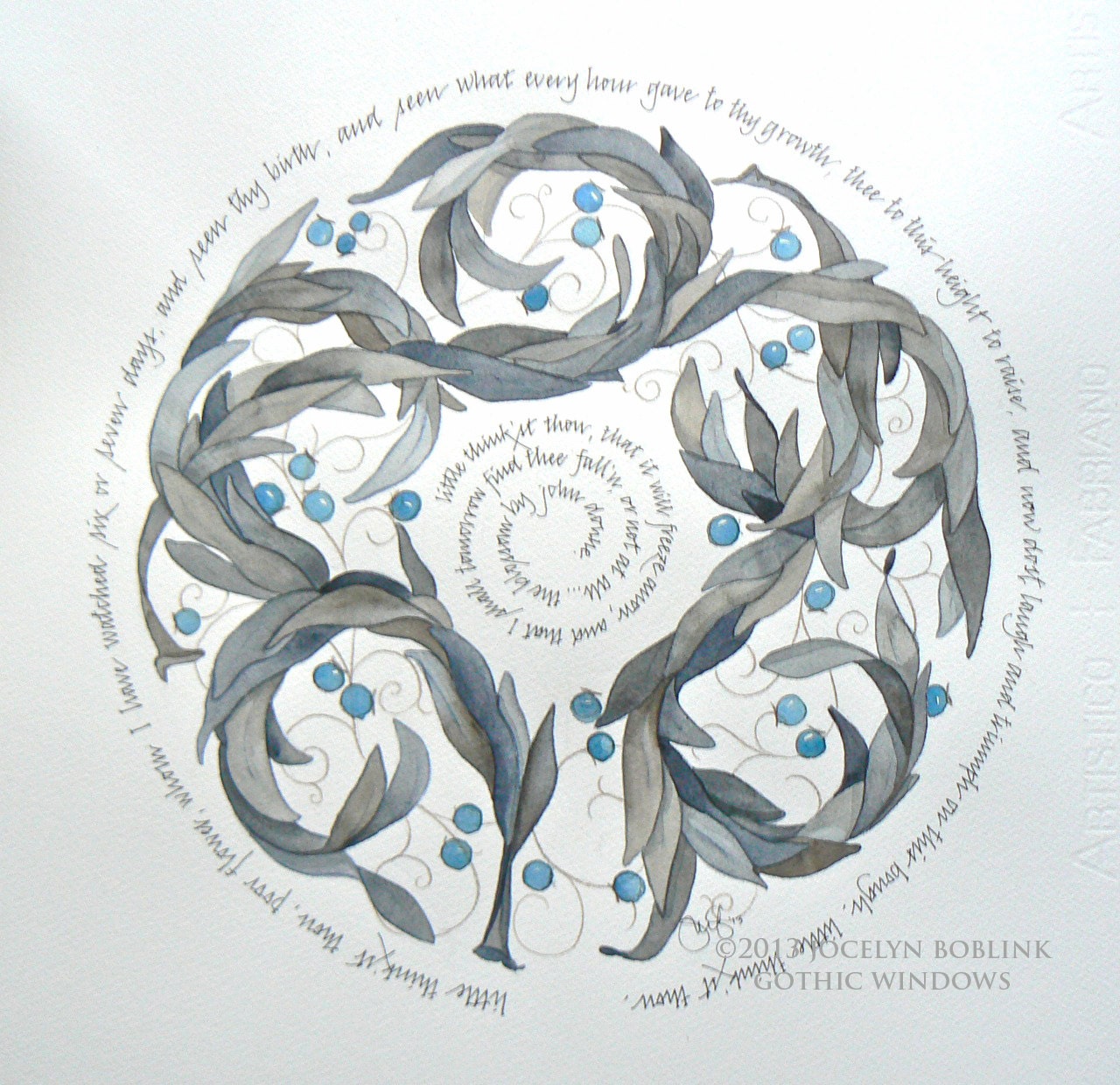 The Blossom by John Donne, original watercolor and calligraphy, excerpt, 16x16 in square