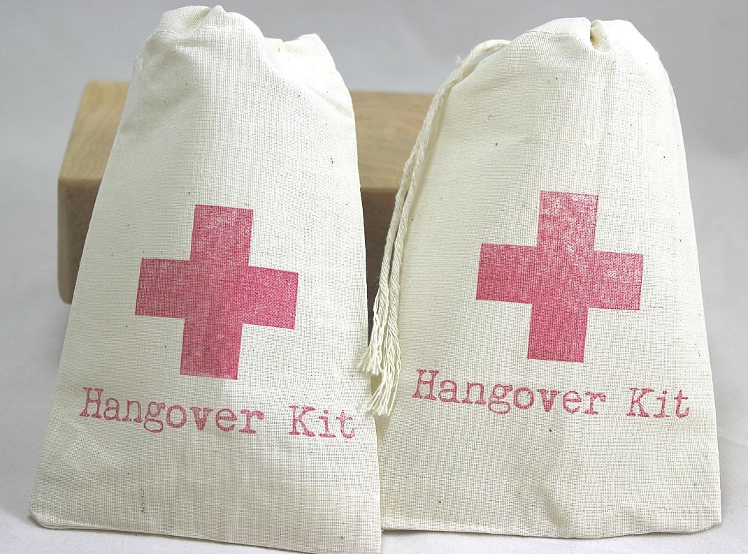 10 Hangover Kit / Red Cross - Organic Cotton Drawstring Bags - Great for Bachelorette or Bachelor Parties 4x6 inch Il_570xn