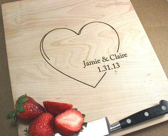 Custom, Personalized Engraved Kitchen Wood Cutting Board - Large Heart with names and Date - Maple Wood - 15" x 9" Il_570xn
