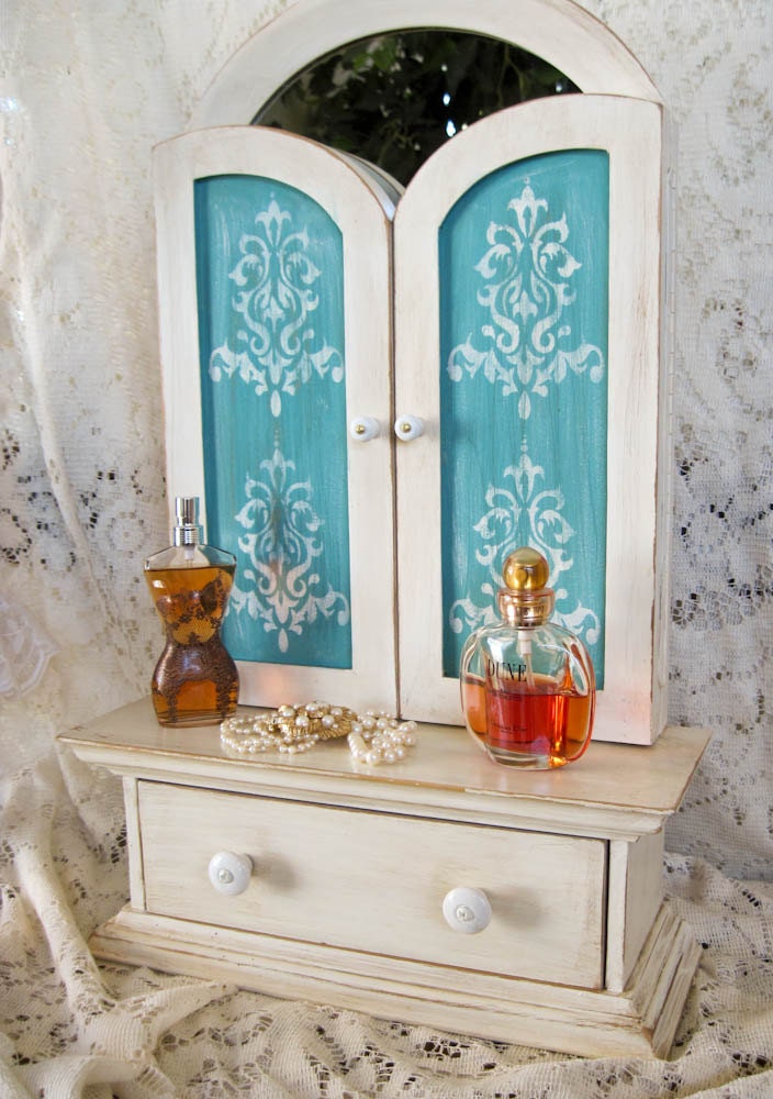 Shabby Chic Tabletop Trifold Mirrored Vanity Hand Painted Aged White and Aqua 13 x 22