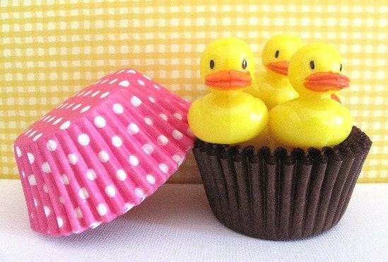 Pink and Brown Rubber Duck Cupcake Kit. Set of 24 Picks, 48 Liners. Birthday Party, Baby Shower, Picnic, Cupcake Liners Toppers Picks
