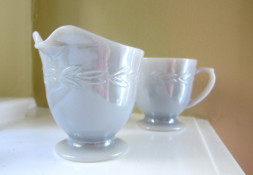 Fire King Luster Laurel Gray Cream and Open Sugar Set