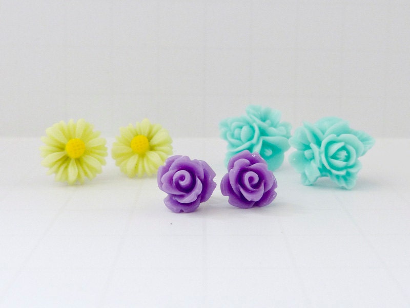 Flower Earring Set - Aqua, Lime, and Purple Trio