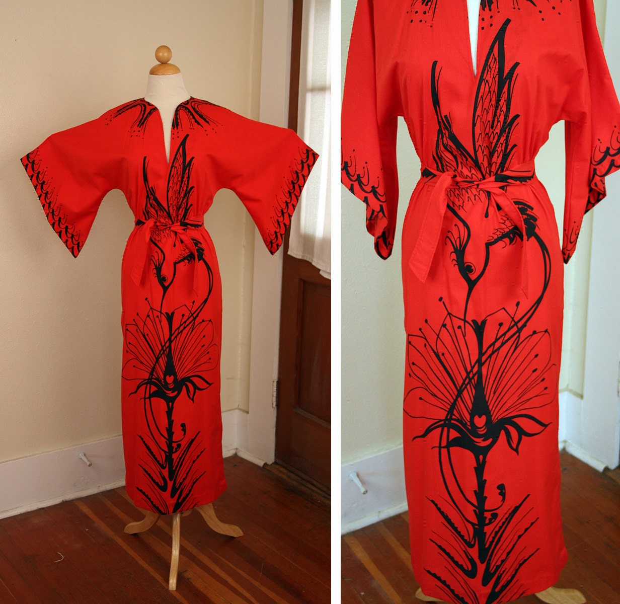 GORGEOUS 1960's Hawaiian Vibrant Glowing Red Cotton Hourglass Pake Muu Gown - Tie Belt - Large Painted Hummingbird & Flower Motif - Size M L