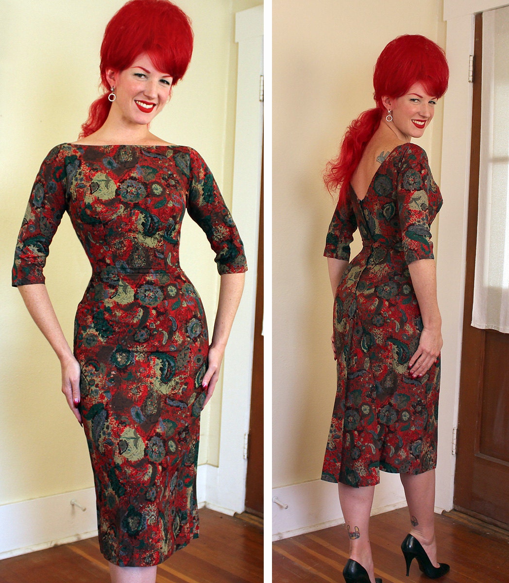 COUTURE 1950's Pure Silk Vibrant Rich Atomic Abstract Paisley Print Hourglass Cocktail Wiggle Dress w 3D Back Train - Details - VLV - Size S