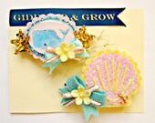 Nautical Hair Clips OR Headbands with whale cameo and glitter seashell, SUMMER