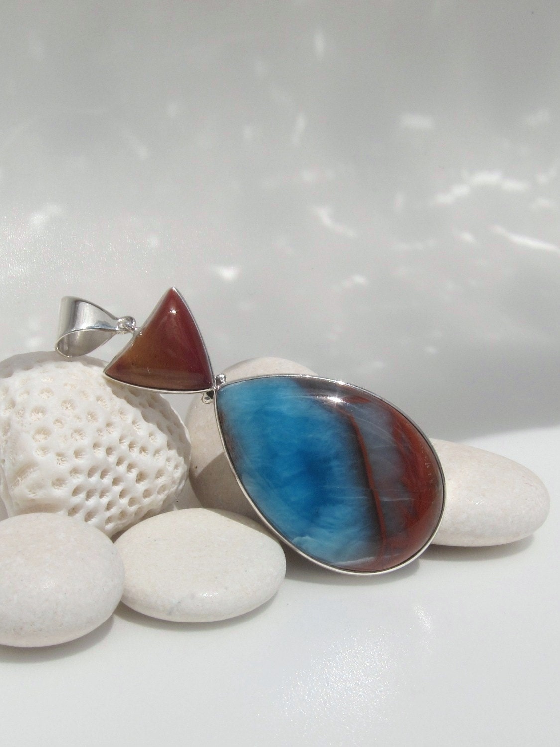 Larimar and Mookaite pendant, The Fisher Goddess - unique volcanic red blue AAA Larimar and Mookaite gemstones