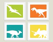 Dinosaur Digital Prints - Set of Four 8x10 - Wall Art - Modern - Green Orange Teal Yellow - Boys Bedroom Playroom - Natural history