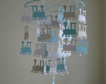 Train Baby Mobile White Blue and Gray Can be custom to your colors Photography Prop