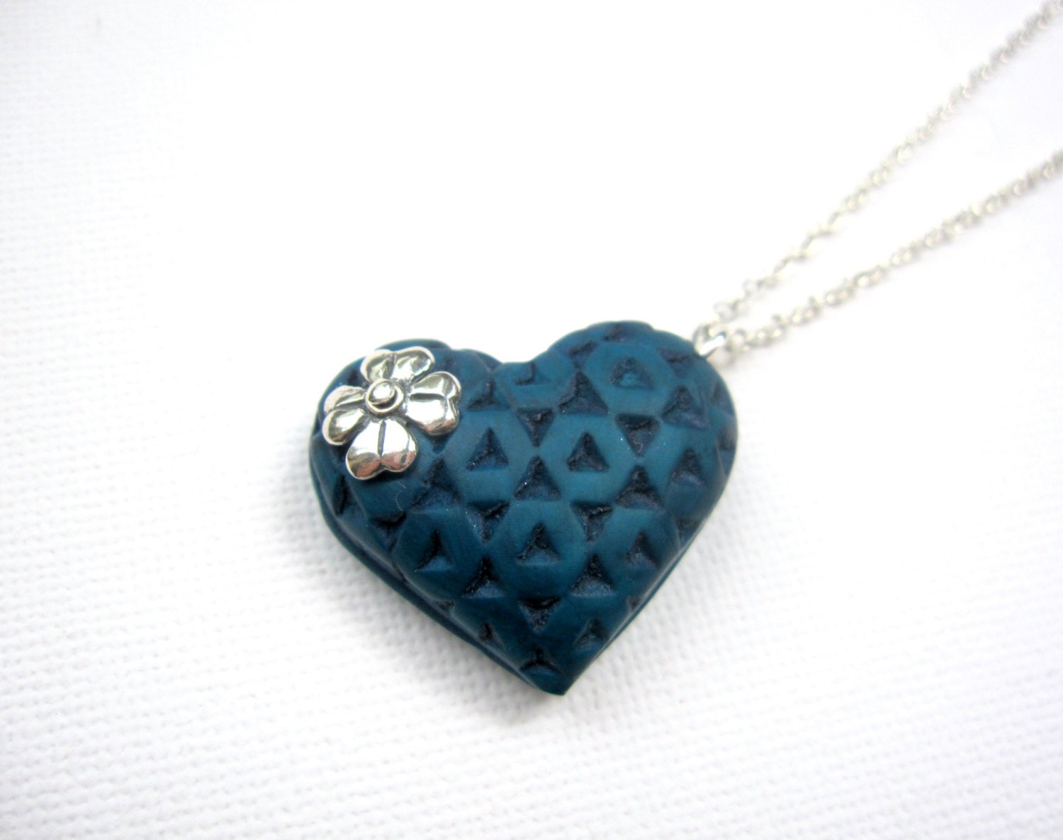 Heart pendant necklace, original handmade jewelry, teal polymer clay heart shaped pendant, perfect gift of love.