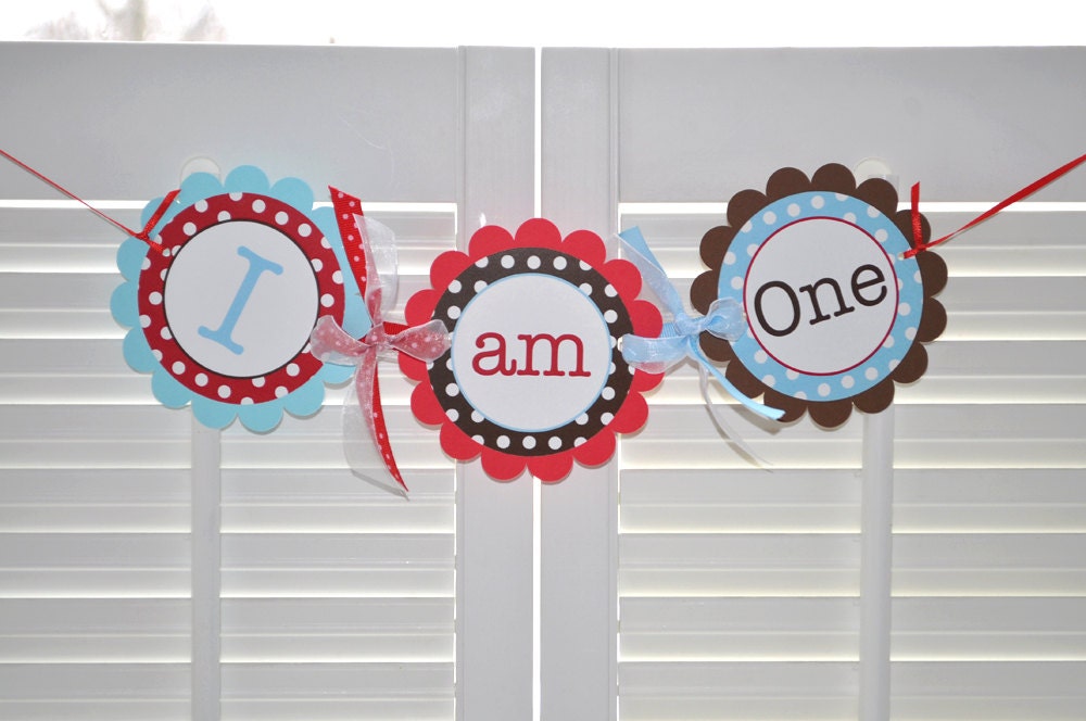 Boys 1st Birthday Highchair Banner - Red, Brown and Blue, Polkadots - Personalized Birthday Decorations
