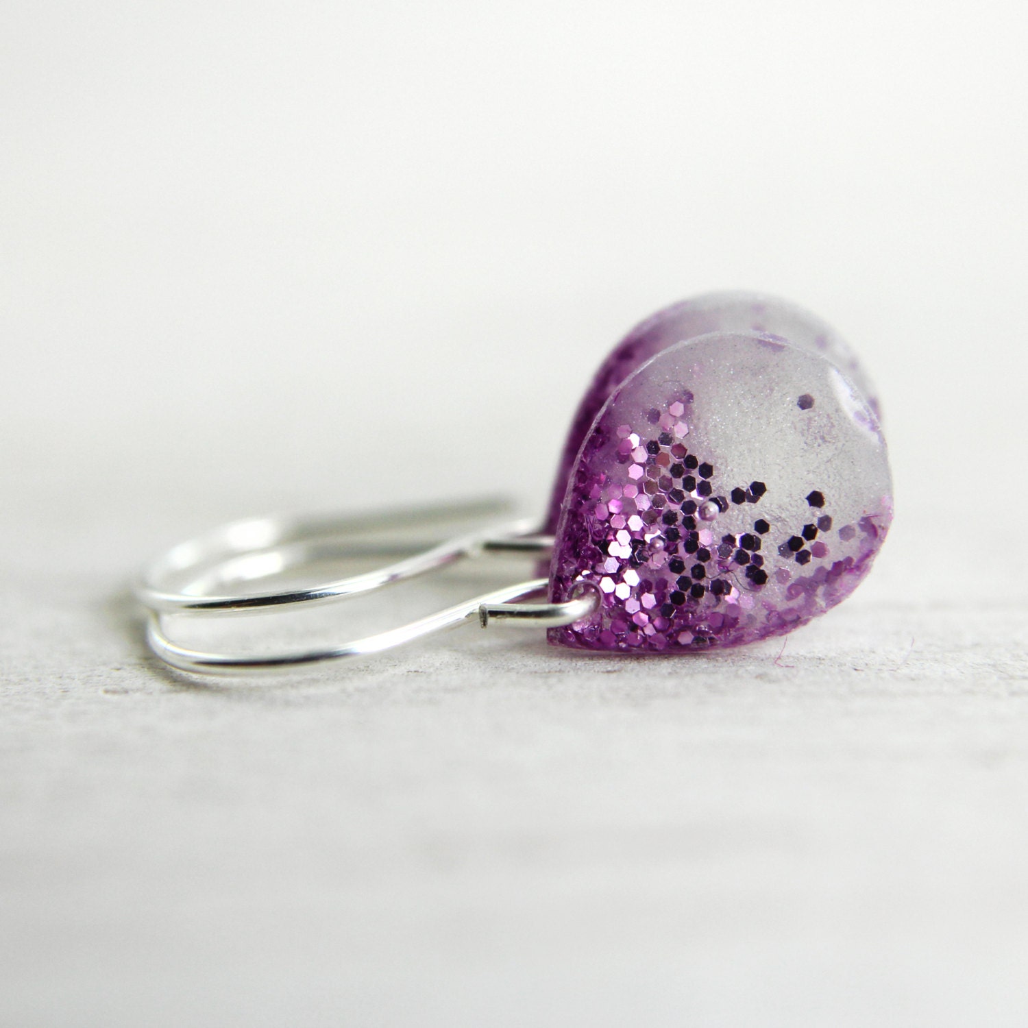 tiny pink and purple glitter teardrop earrings on silver earwires - silver drop earrings