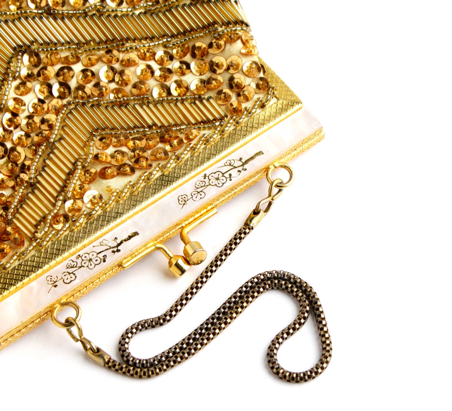 Vintage Gold Evening Bag - Retro 1950s Sequin & Beaded Small Formal Purse / Gold Flower Embossments