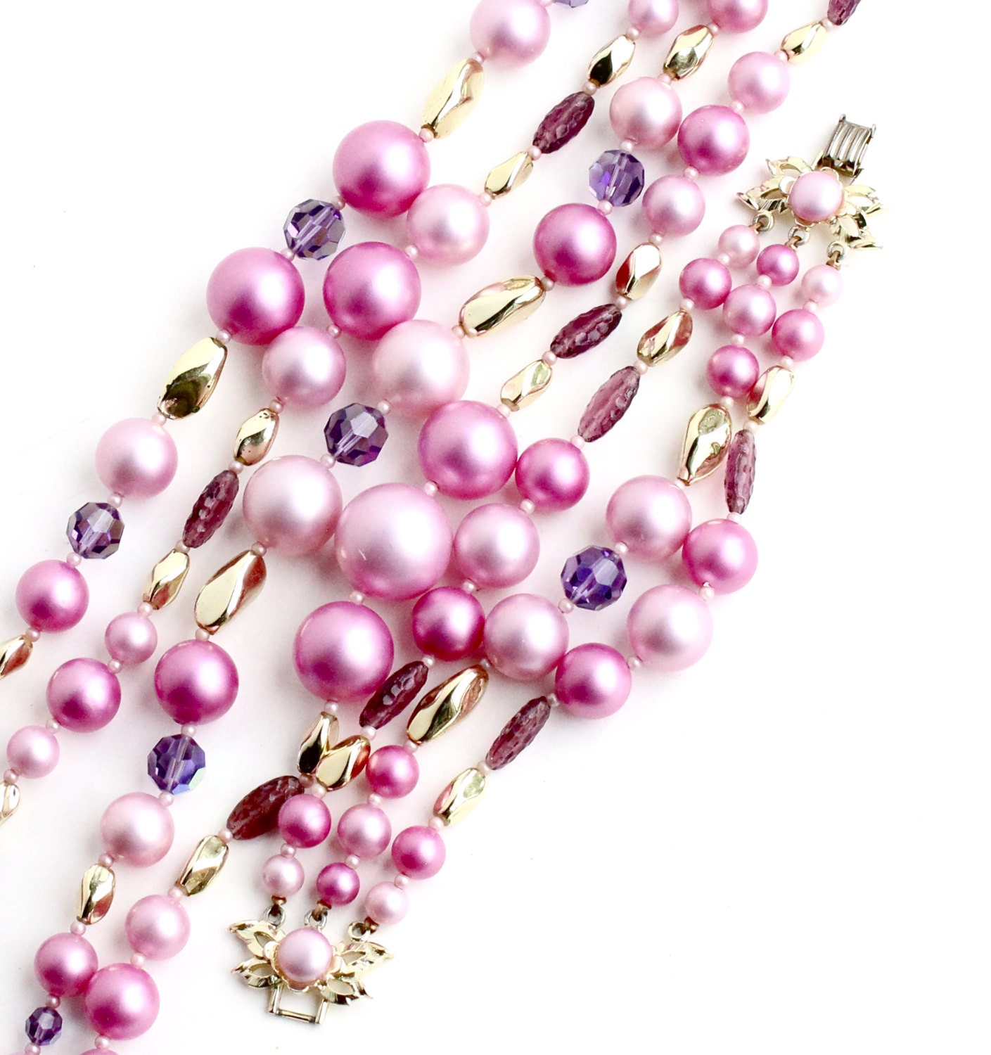 SALE - Vintage Beaded Necklace & Bracelet Set - Gold Tone Multi-Strand Purple, Pink Statement Costume Jewelry Parure / Lavender Layers