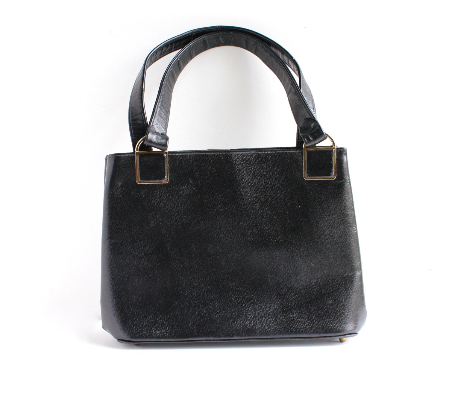 Vintage Black Handbag - Sleek 1960s Vinyl Mid Century Purse / Simple Everyday Bag