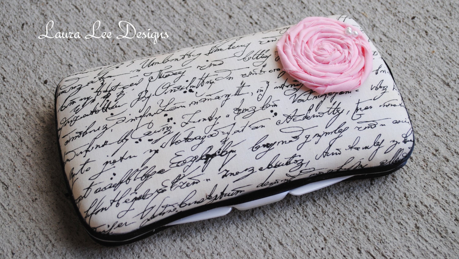 Vintage Script with Pink Handmade Rolled Flower Boutique Style Travel Baby Wipe Case with Handmade Rolled Flower READY TO SHIP