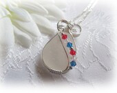 Wire Wrapped Beach Glass Seaglass Pendant - White Beach Glass - Red White & Blue - Sterling Silver