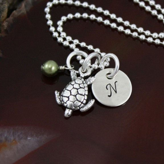 My Petite Sea Turtle Initial Necklace -  Hand Stamped Sterling Silver