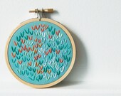 Embroidered Pattern Hoop. Tiny Fiber Art Piece. Wishbone Stitches in Teal, White, Aqua. Summer Stitching by Merriweather Council