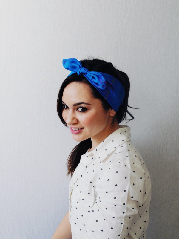Blue and lavender stems hand painted silk headband