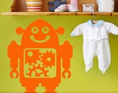 Happy Robot Wall Decal - Baby Nursery Art, Kids Bedroom Decor, Geekery Robot Party Decoration, Clockwork Gears, Tangerine