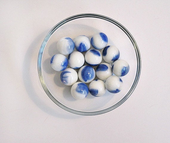 14 Blue and White Glass Marbles 1 Inch Opaque Cobalt Toy Game