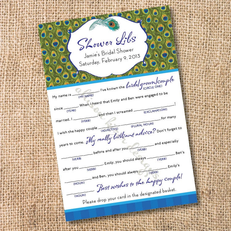 Printable Bridal Shower Game - Customized Peacock Theme Mad Libs