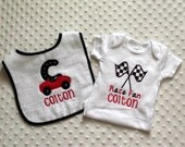 Baby Boy 2 PC Gift Set, Embroidered Bib and Bodysuit, Race Car Theme Personalized with Child's Name