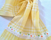 Yellow white plaid dish towel ribbon lace trim