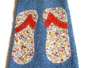Blue Terrycloth dish towel multi color floral print  flip flops red straps