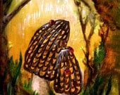 Original Morel Mushrooms and Ladybugs Painting- Acrylic Painting by Amanda Christine 8x10 inches