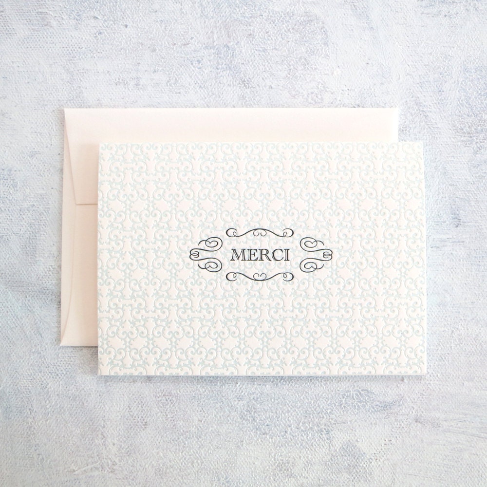 Letterpress Thank You Card - Merci in Pale Blue