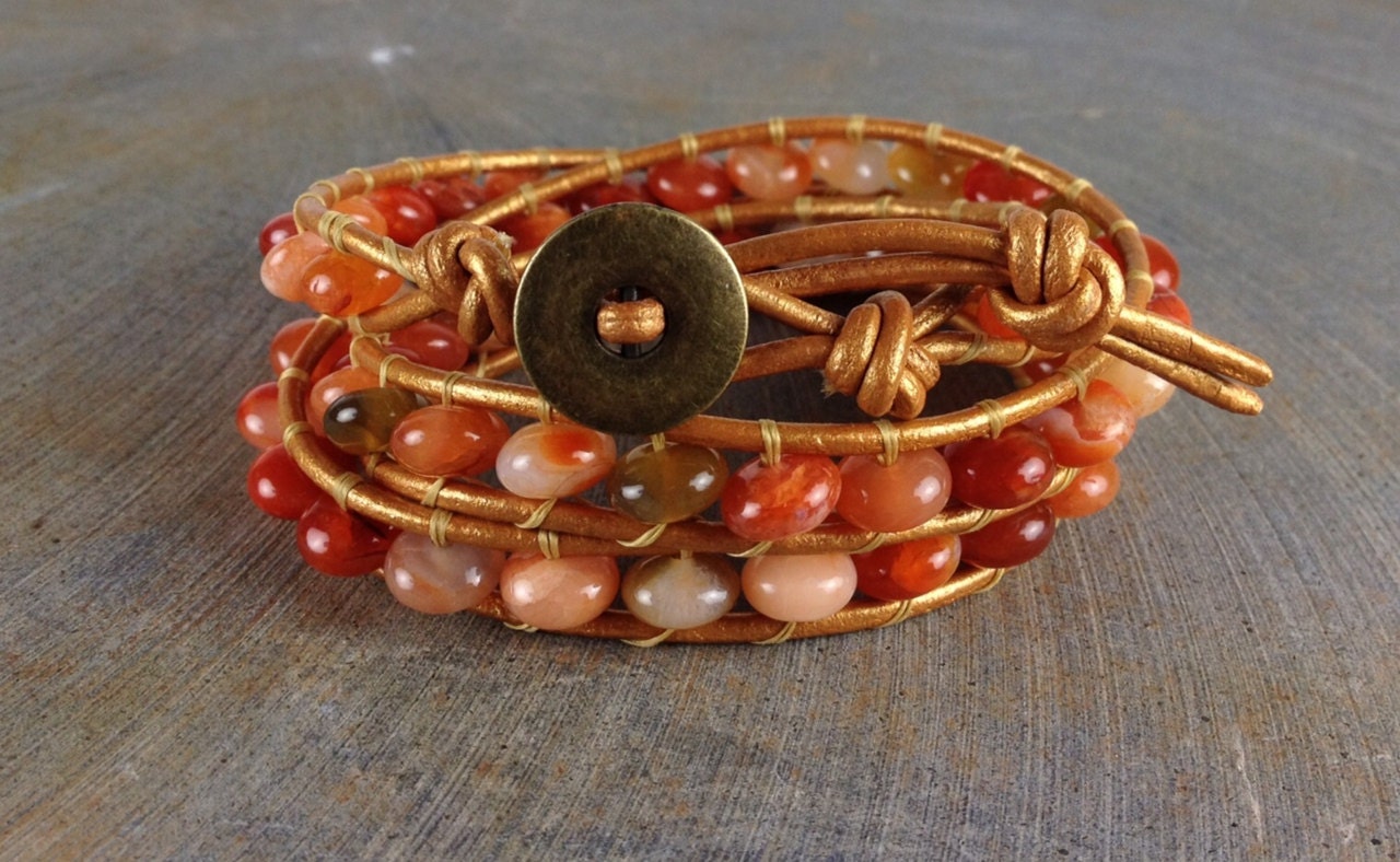 Leather wrap Chan Luu inspired fire agate yellow orange triple wrap bracelet