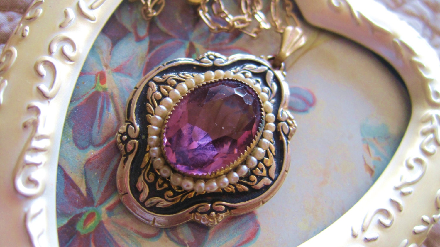 20% Off (cupon code APRILSHOWERS2) Antique Larger Pendant Brass/ Black Enameled/ Pearled/ Glass Amythest/ Oval Stone 22kt Gold Plated Chain