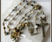 Mens Wire Wrapped Catholic Rosary w/ Bronze Sacred Heart Centre in Ocean Jasper Gemstone, Unbreakable Rosary