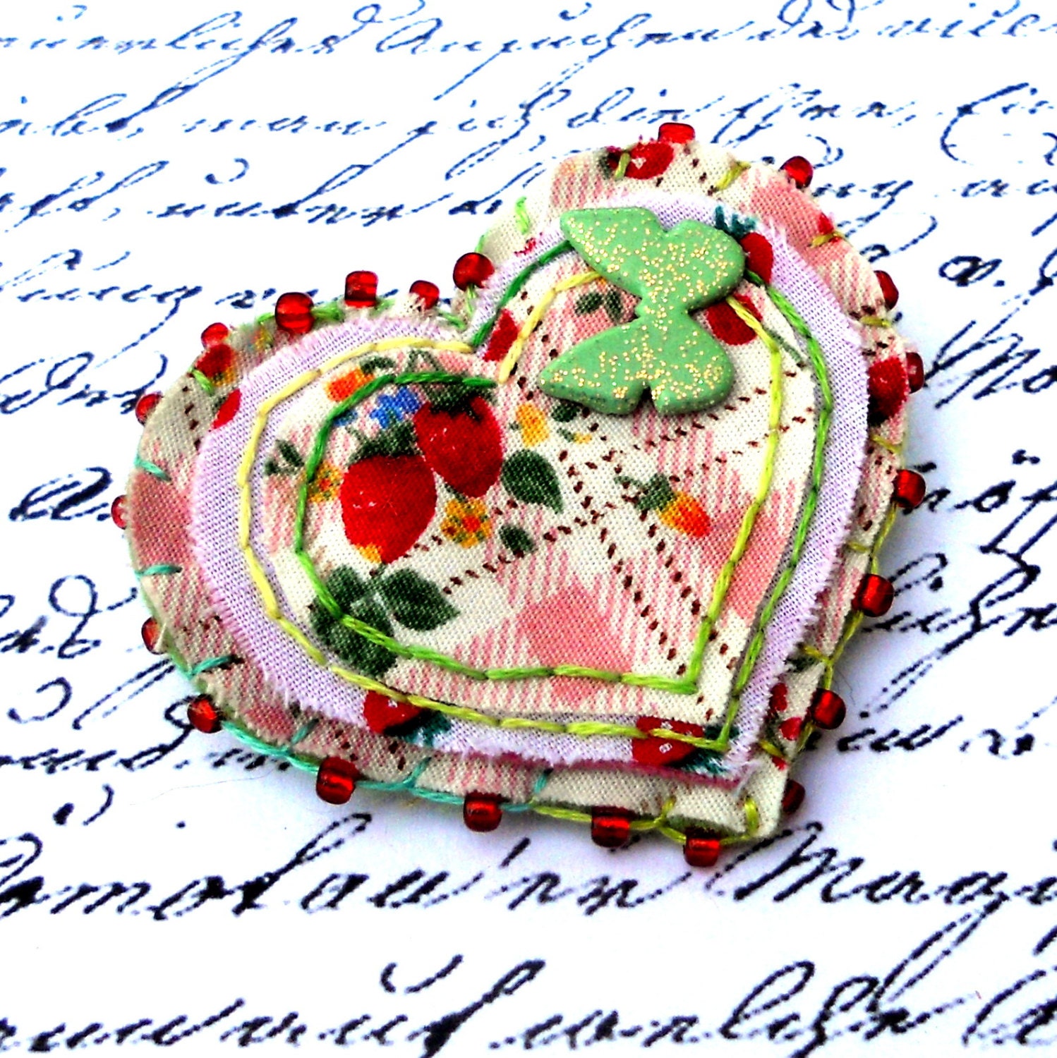 Fabric felt brooch heart shaped jewelry jewellery uk seller Strawberries and Cream butterfly