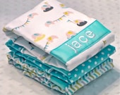 Personalized Burp Cloths - Aqua Gray and Green Elephants Polka Dots and Chevron