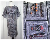 1950's day dress. Tribal printed cotton Indigenous animal print, short sleeve, black & white. Pin Up.
